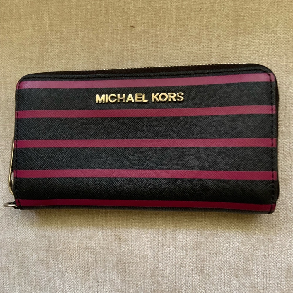 Michael Kors Black and Dark Pink Striped Zip Wallet